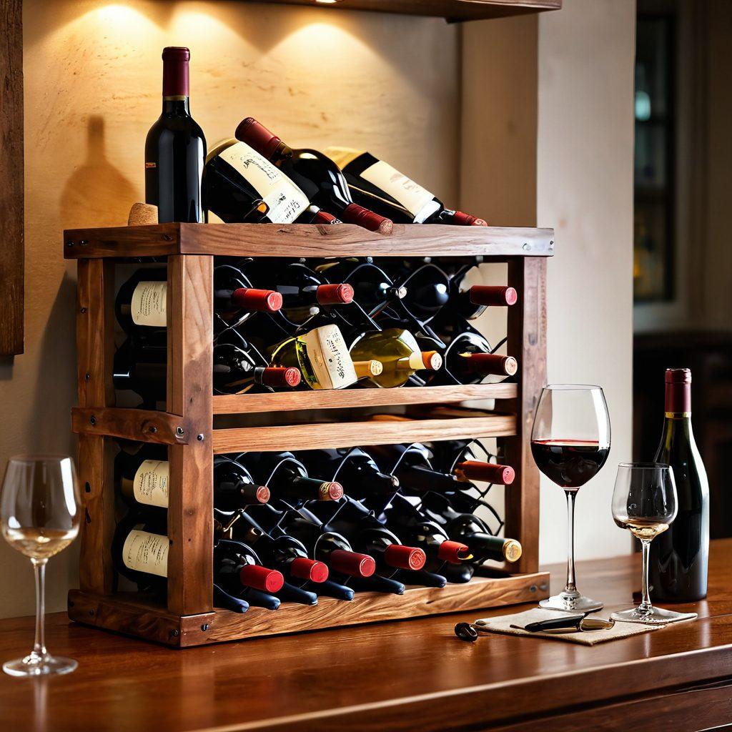 An elegant wooden wine rack displaying a variety of wine bottles, accompanied by essential wine tools like a corkscrew, aerator, and pouring spout. Soft ambient lighting highlights the rich colors of the wine and the textures of the wood, creating a warm and inviting atmosphere. A beautifully set dining table with wine glasses complements the scene. super-realistic. warm tones. soft focus.