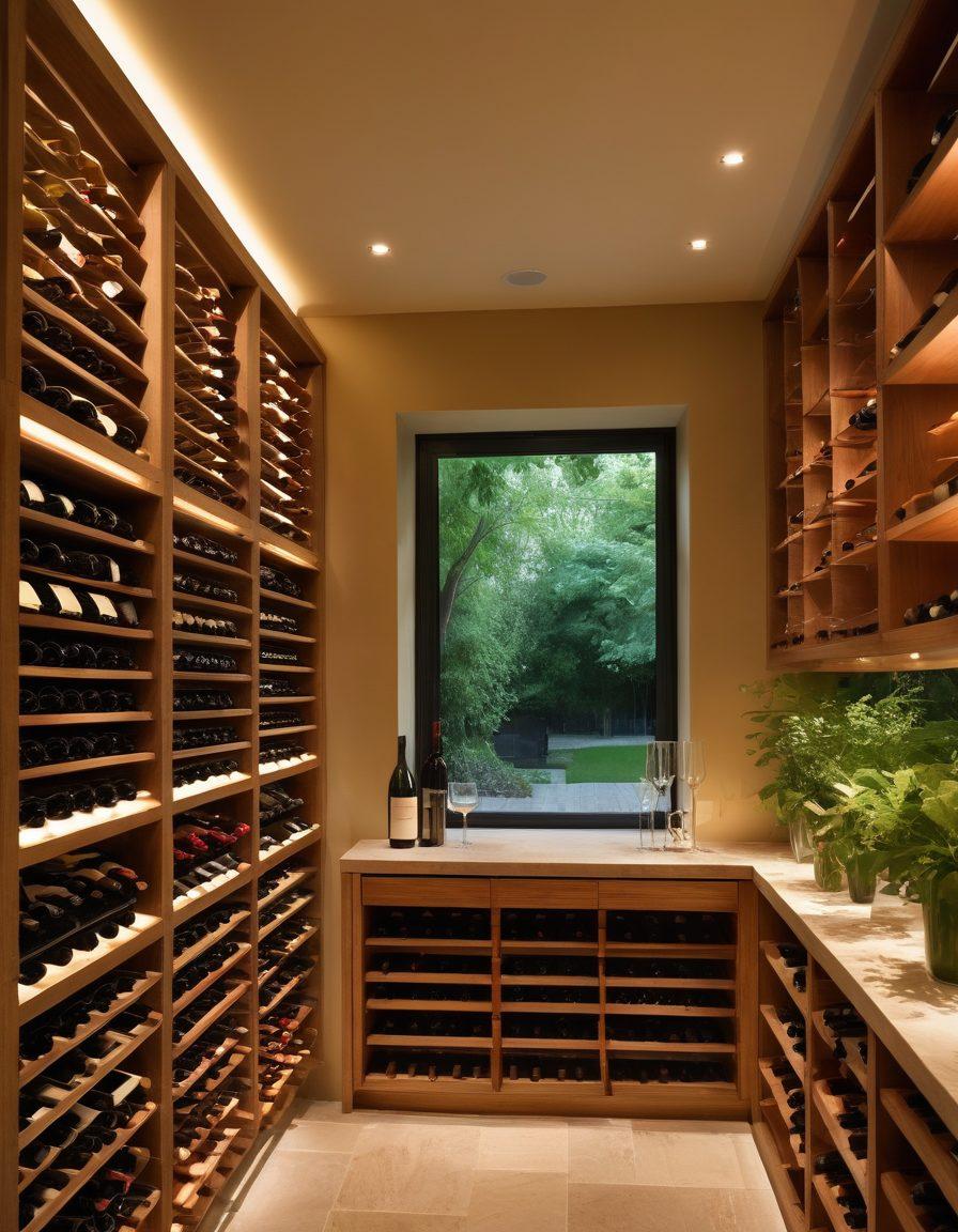 A serene wine cellar, showcasing beautifully arranged wine bottles on wooden racks, under soft ambient lighting. In the background, a state-of-the-art wine cooling unit glows gently, emphasizing optimal storage conditions. Lush greenery can be seen through a small window, hinting at a peaceful garden outside. Captivating touches of cork and glass elements scattered throughout the scene. super-realistic. warm colors. cozy ambiance.