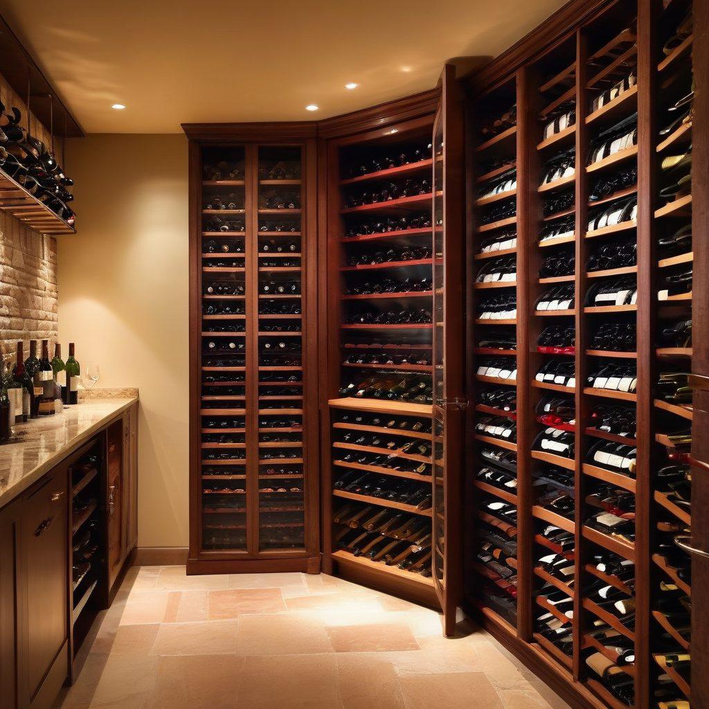 A beautifully arranged wine cellar showcasing elegant wine racks filled with various wine bottles, complemented by essential wine accessories like a corkscrew, wine aerator, and a temperature-controlled wine cooler. Soft lighting casts a warm glow, enhancing the ambiance and sophistication of the scene. A stylish glass of red wine sits in the foreground, highlighting the theme of storage and management. vintage aesthetic. soft focus. 3D effects.